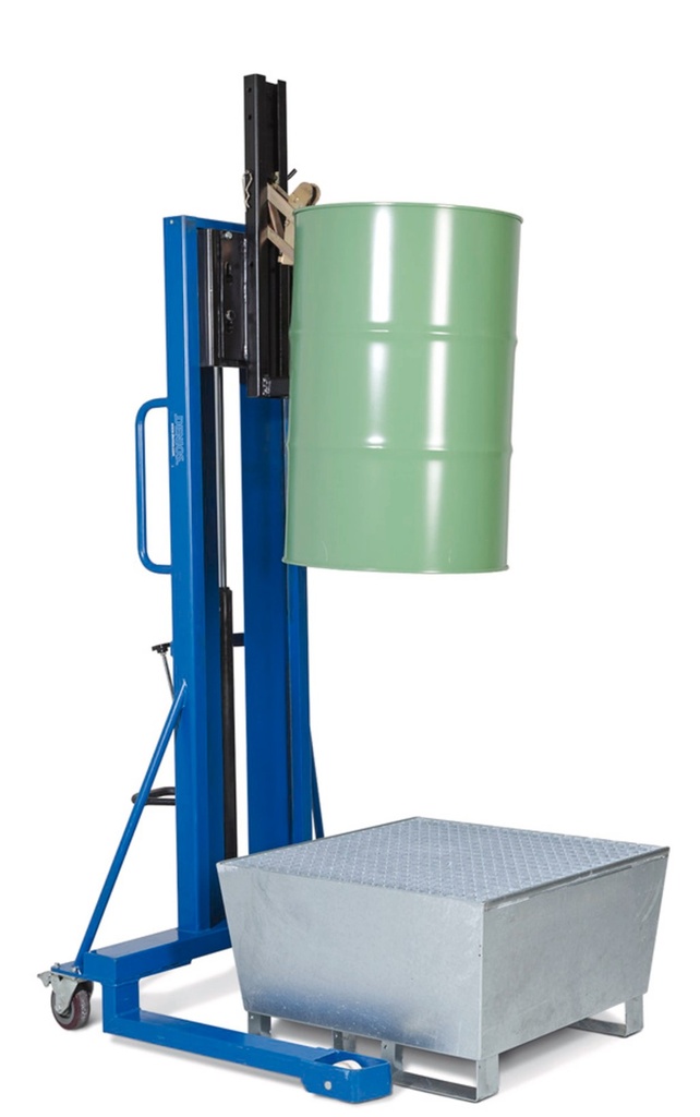 Dvižni voziček za kovinske sode, višina dviga 0-1390 mm, široko podvozje, za 60-200 l sode