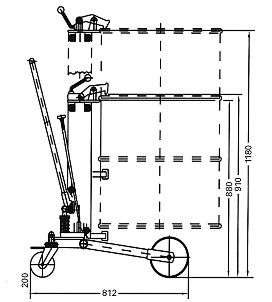 Dvižni voziček za sode Eco, višina dviga 0-485 mm, podvozje v obliki črke V, za 200 l kovinske sode (kopija)